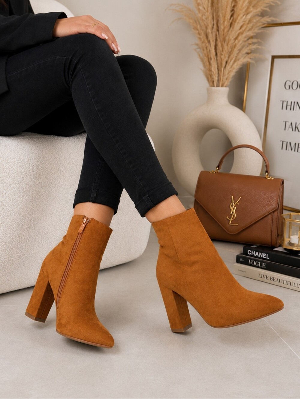 Camel Faux Suede Pointed Toe Ankle Boots - Picture 2 of 4